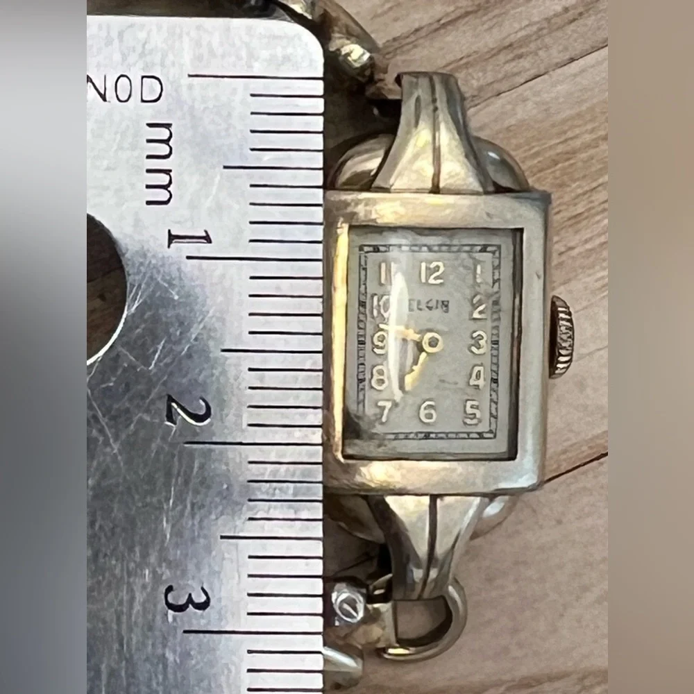 Elgin 10K Gold Ladies Watch Rare Vintage Mechanical Silver Dial Stretch Bracelet